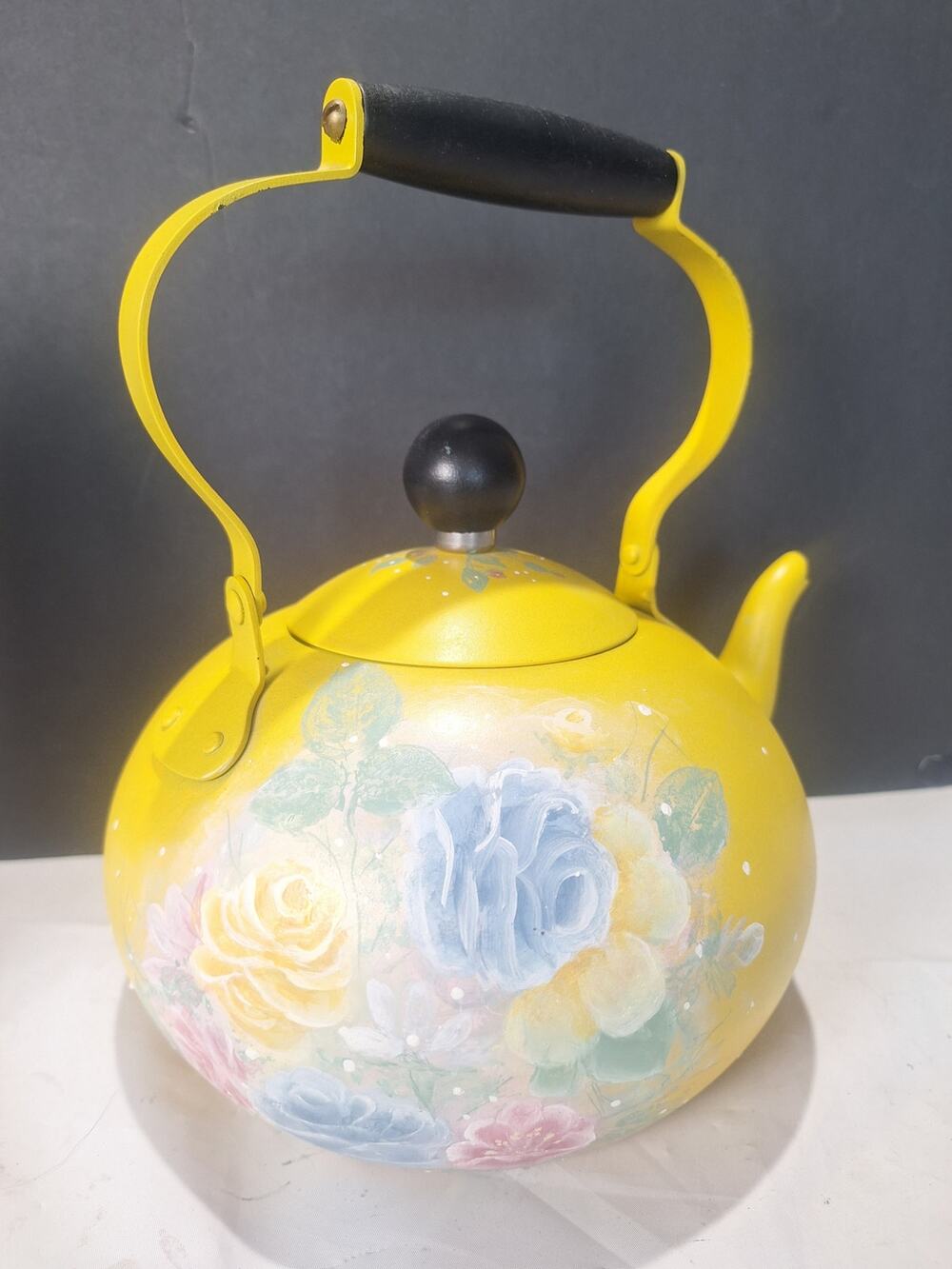 Vintage Portugal Yellow Hand Painted Floral Metal Tea Kettle Wood Handle 9 Inch